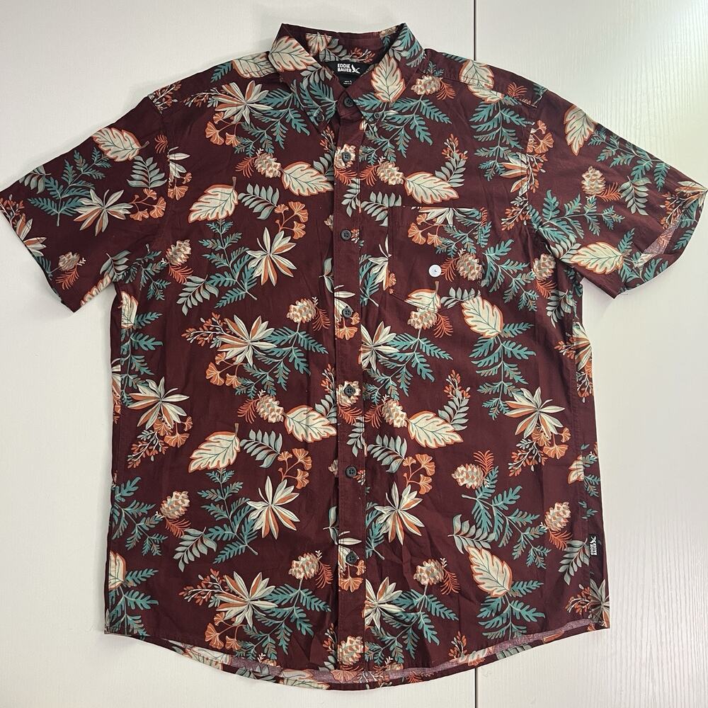 Eddie Bauer Mens Large Burgundy Tropical Floral Short Sleeve Button Down Shirt